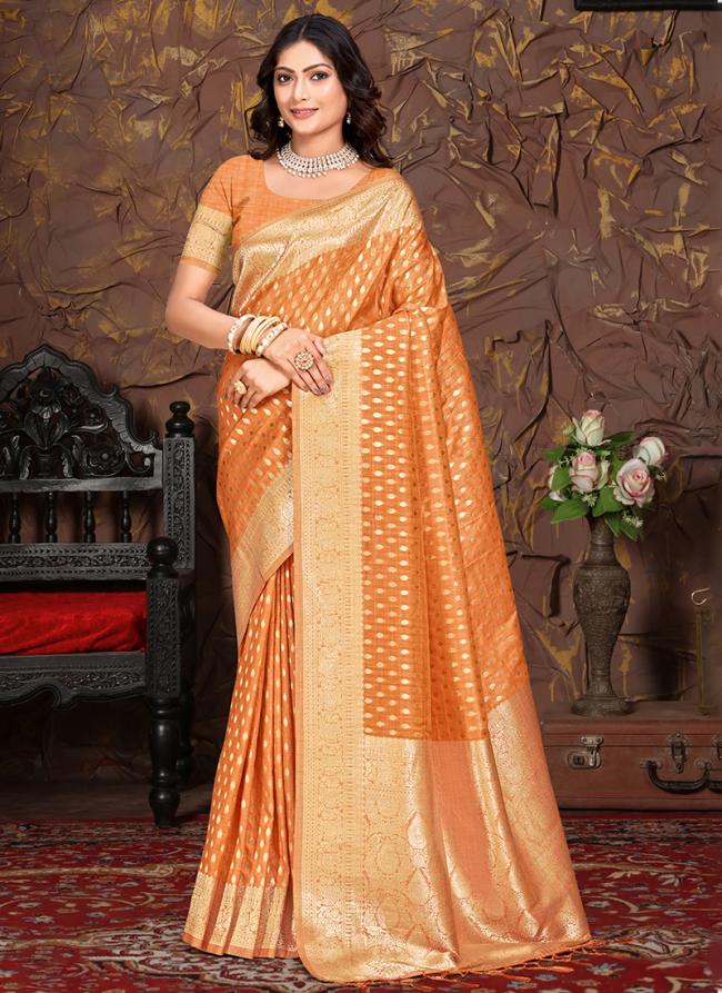 Cotton Silk Orange Festival Wear Weaving Saree